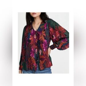 Farm Rio Bird Flowers Pleated Long Sleeve Babydoll Collared Blouse Sz M
